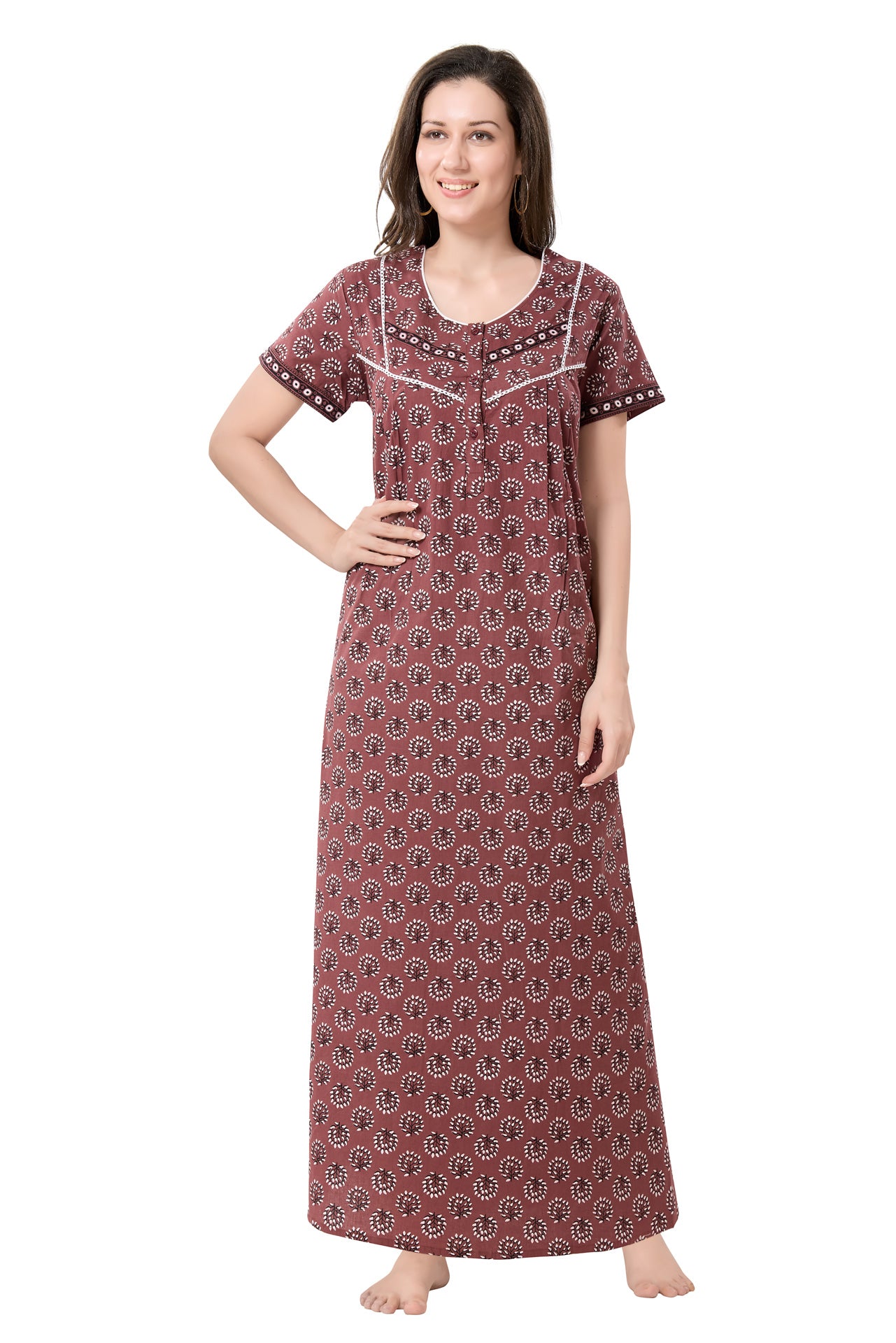 Women's Jaipuri Cotton Nighty With Side Pocket