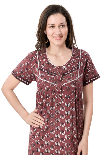 Women's Jaipuri Cotton Nighty With Side Pocket