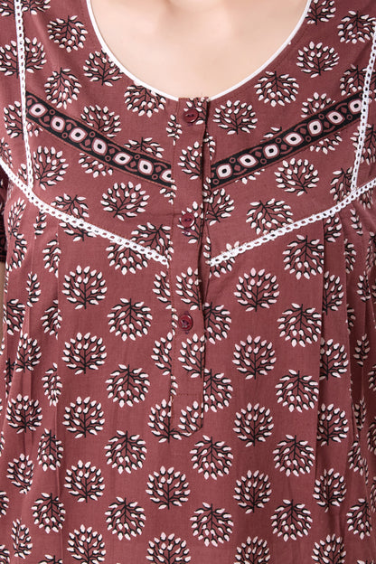 Women's Jaipuri Cotton Nighty With Side Pocket