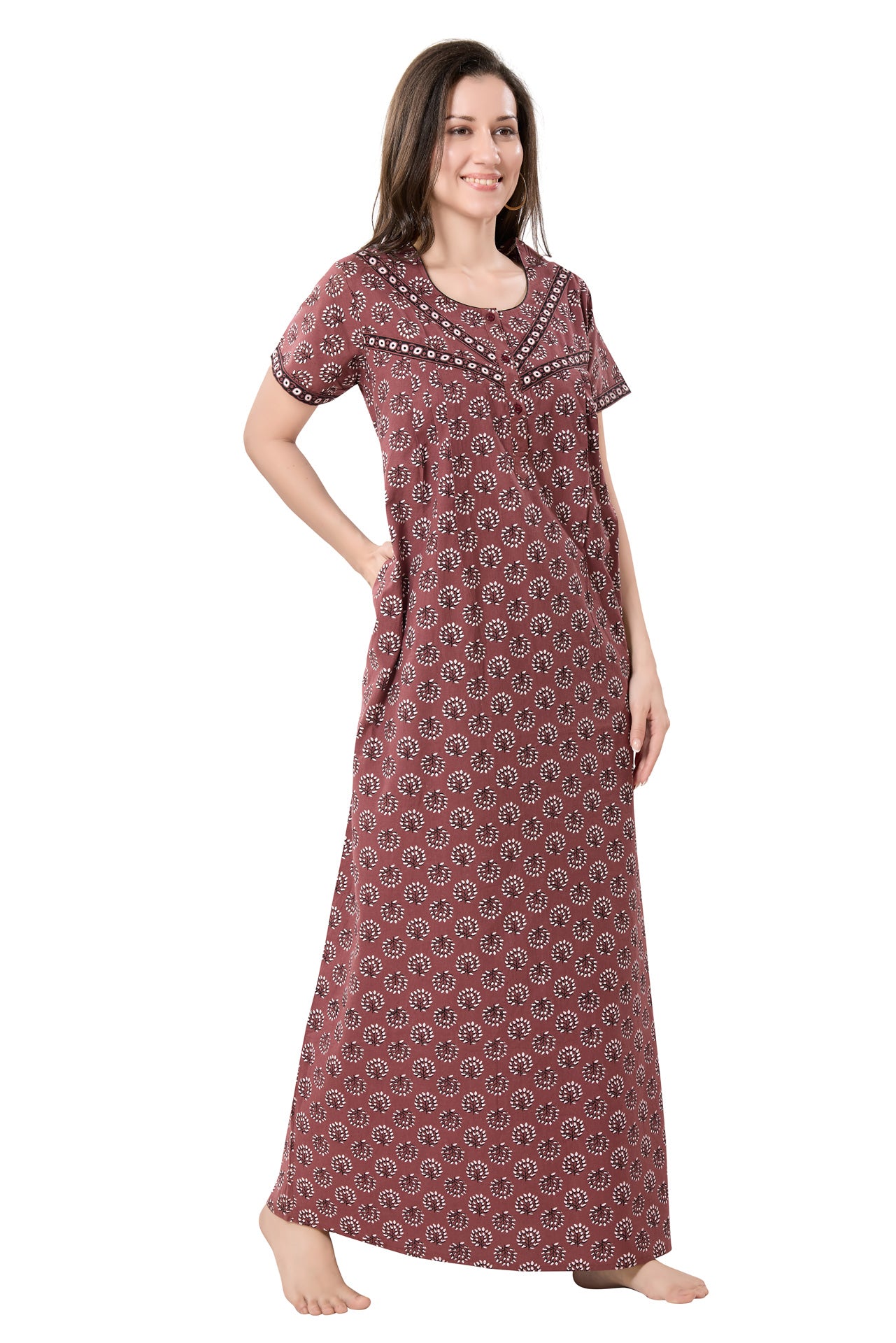 Women's Jaipuri Cotton Nighty with Side Pocket