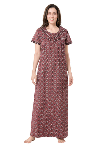 Women's Jaipuri Cotton Nighty with Side Pocket