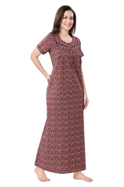 Women's Jaipuri Cotton Nighty with Side Pocket
