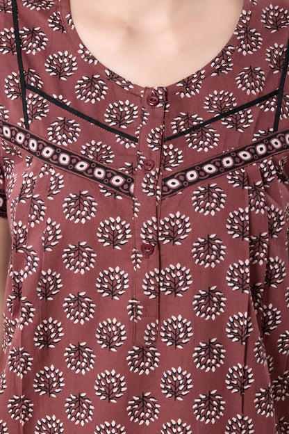 Women's Jaipuri Cotton Nighty with Side Pocket
