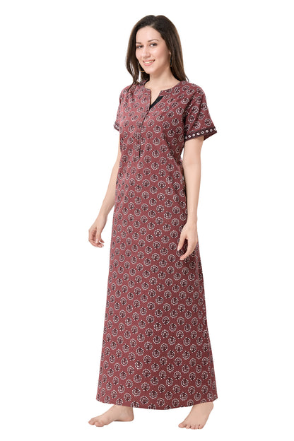 Women's Jaipuri Cotton Nighty with Side Pocket