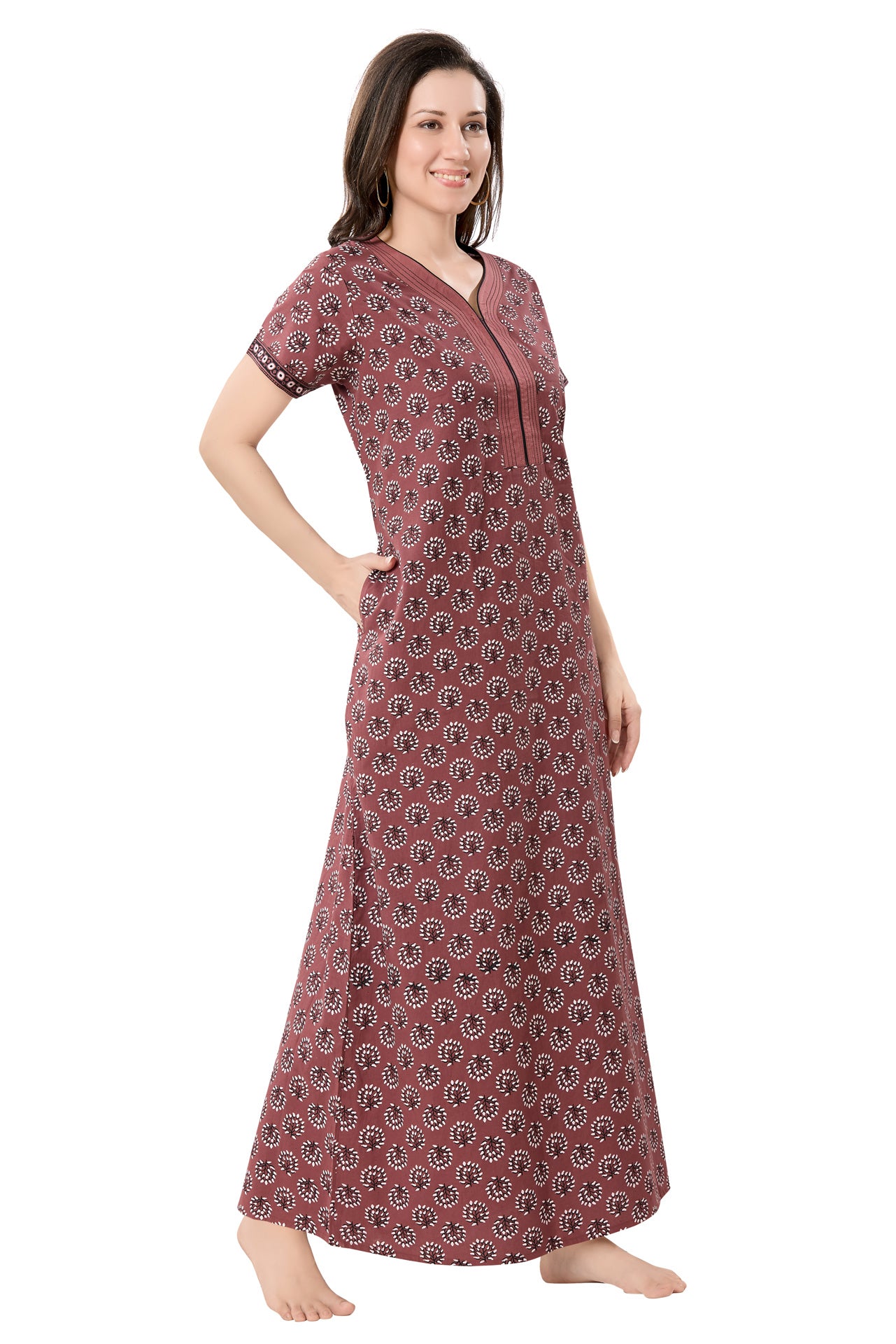 Women's Jaipuri Cotton Nighty with Side Pocket