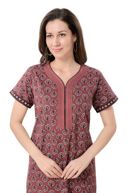 Women's Jaipuri Cotton Nighty with Side Pocket