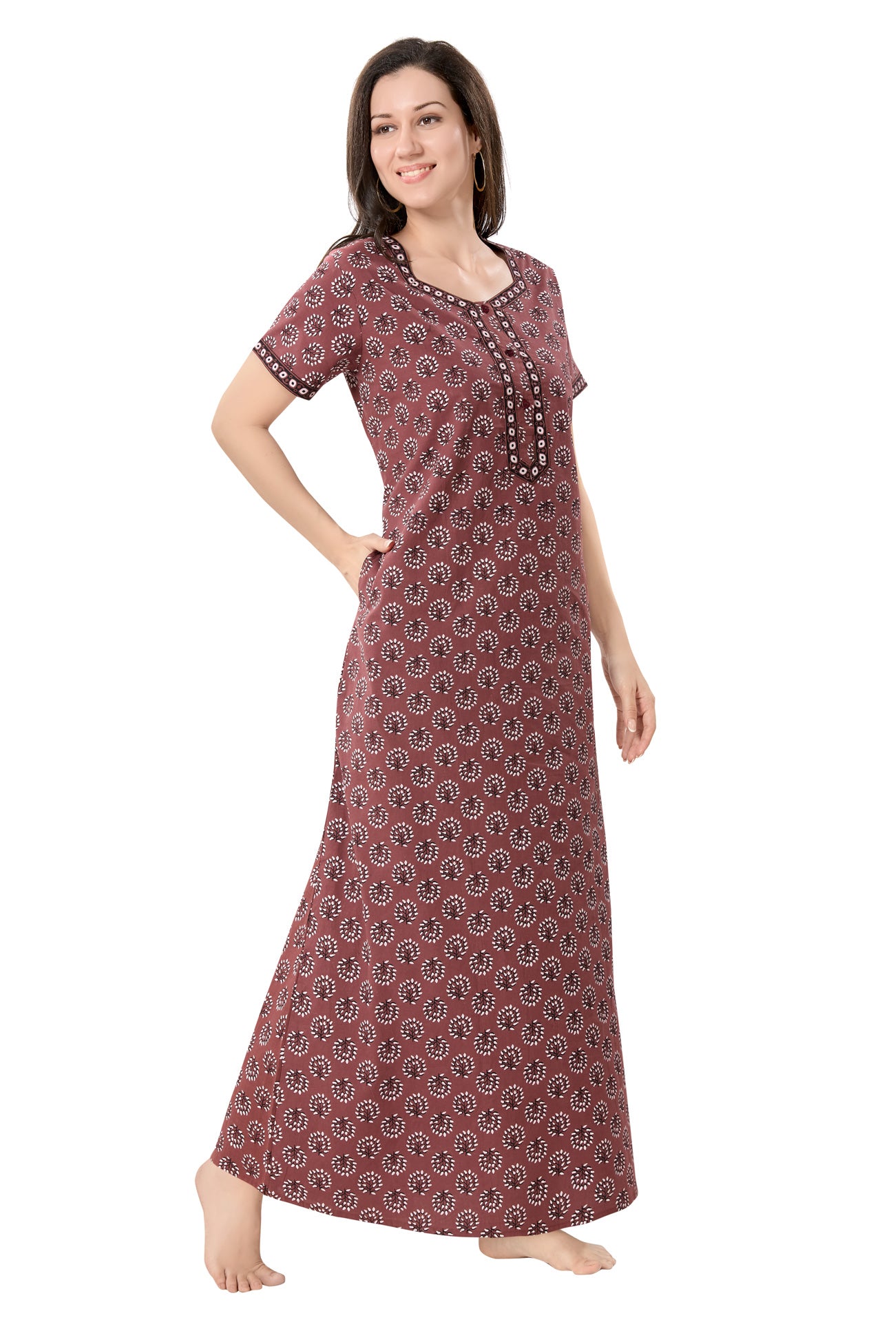 Women's Jaipuri Cotton Nighty with Side Pocket