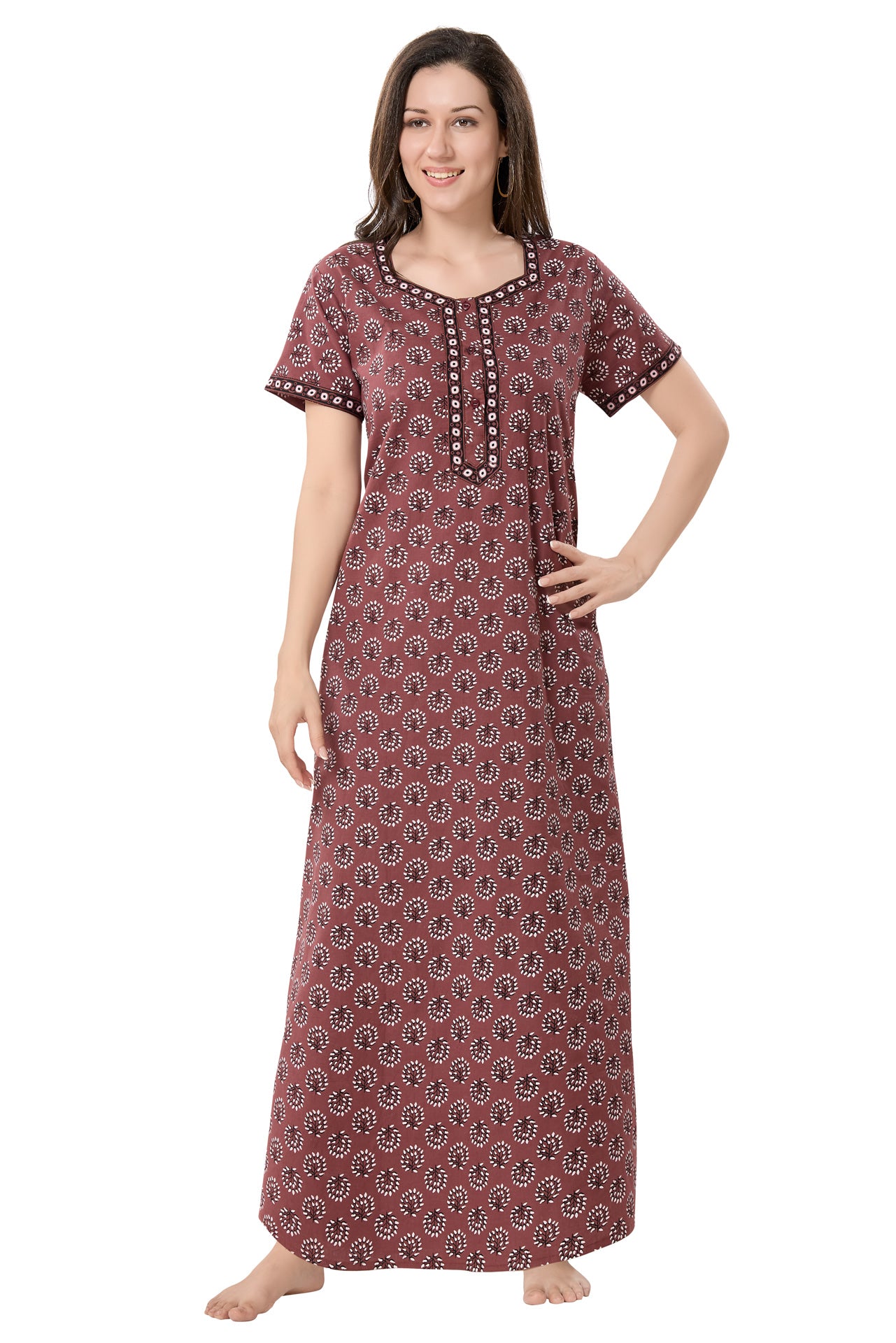 Women's Jaipuri Cotton Nighty with Side Pocket
