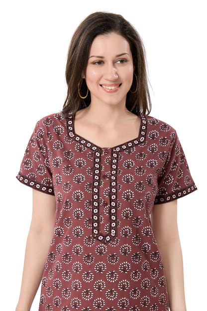 Women's Jaipuri Cotton Nighty with Side Pocket