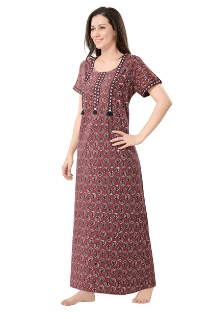 Women's Jaipuri Cotton Nighty with Side Pocket