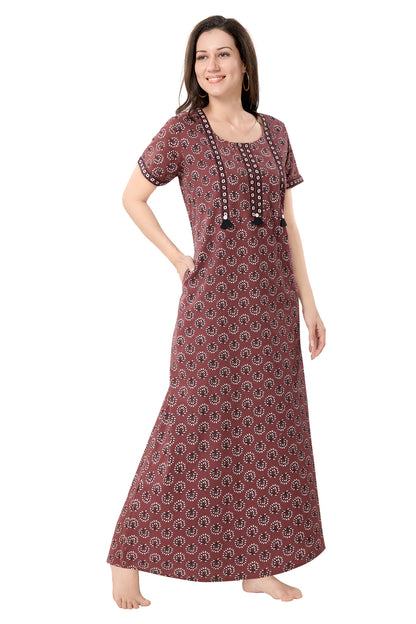 Women's Jaipuri Cotton Nighty with Side Pocket
