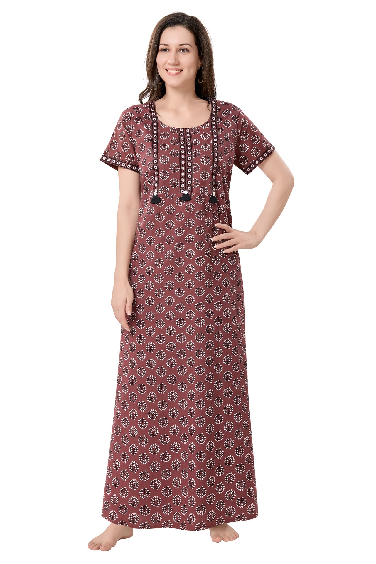 Women's Jaipuri Cotton Nighty with Side Pocket