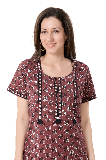 Women's Jaipuri Cotton Nighty with Side Pocket