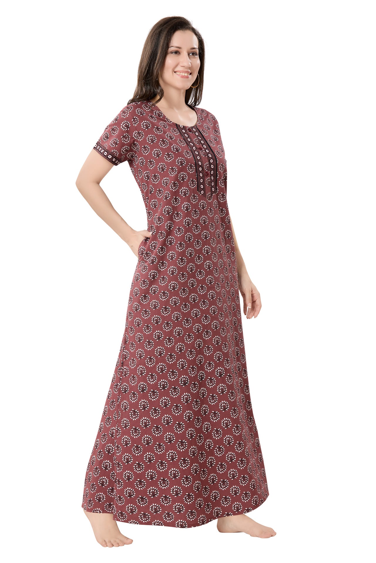 Women's Jaipuri Cotton Nighty with Side Pocket