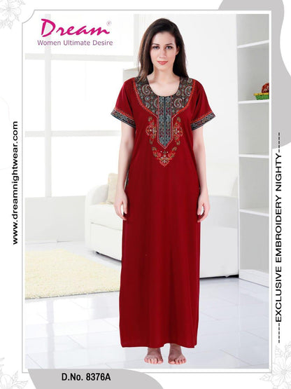Dream Women's Premium Embroidery Nighty with Double Side Pockets