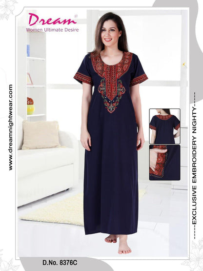 Dream Women's Premium Embroidery Nighty with Double Side Pockets