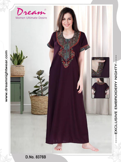 Dream Women's Premium Embroidery Nighty with Double Side Pockets
